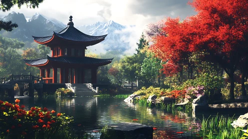 Red pavilion beside reflective pond in lush mountain garden.