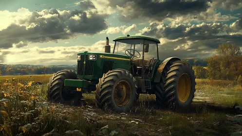 Weathered green field tractor under dramatic autumn sky