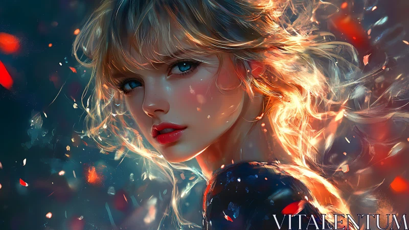Luminous digital portrait of blonde woman in ember lit bokeh