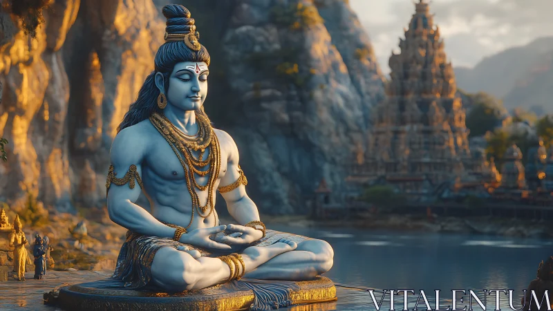 Divine blue deity sculpture in meditative riverside temple landscape.