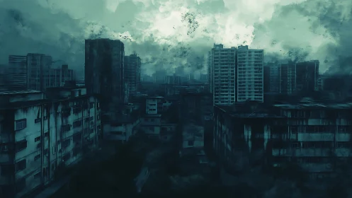 Storm-darkened high rises loom over a decaying silent city