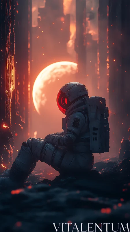 Astronaut in ember-lit ruin under eclipsed stellar horizon.