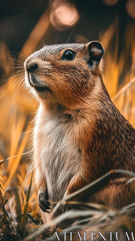 Alert prairie dog stands upright amid soft golden grass