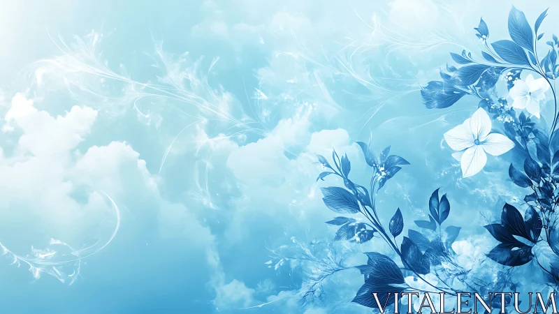 Ethereal blue florals drifting across luminous skyscape.
