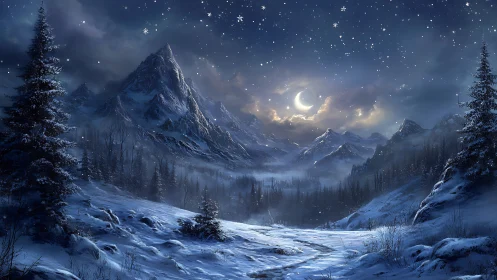 Moonlit winter valley glows softly beneath sparkling stars