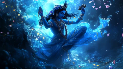 Celestial blue dancer swirling through luminous cosmic tides.