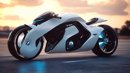 Futuristic BMW concept motorcycle at sunset on roadway.