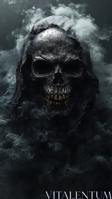 Grim reaper skull in dark smoke with metallic texture.