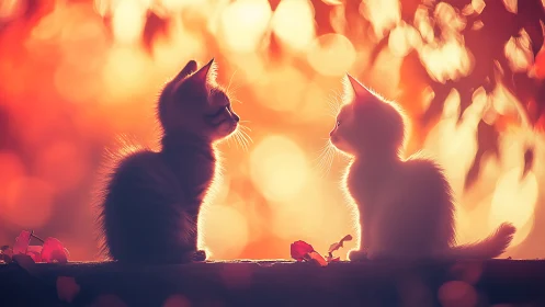 Two Cats Silhouetted Against Warm Bokeh Background.