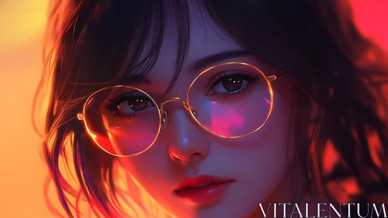 Neon rim-lit portrait renders reflective glasses in soft focus