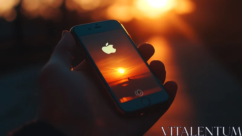 Smartphone silhouette capturing golden sunset glow reflection.