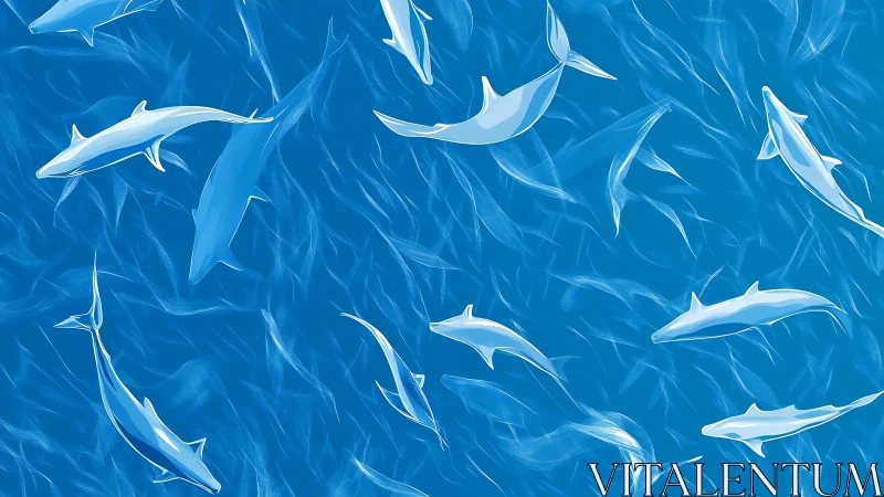Graceful dolphins glide through luminous abstract ocean waters