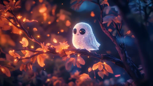 Glowing kawaii ghost resting on branch in soft night forest.