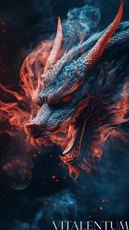 Bifurcated fire and frost dragon head in volumetric smoke