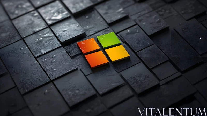 Modern Microsoft logo on wet 3D black tiles, digital style.