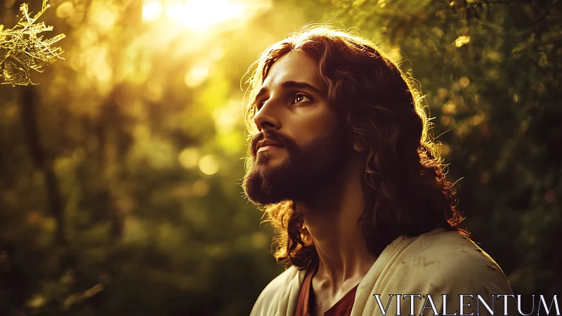 Serene robed man in golden forest light at sunrise.