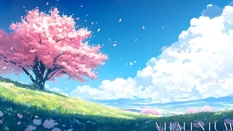 Blossom crowned hillside dreaming under wild blue skies.