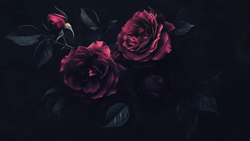 Crimson roses with dark foliage on black background.
