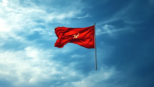 Red communist flag waves dynamically against deep blue sky.