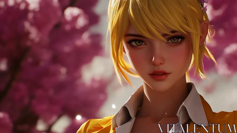 Digital portrait depicts blonde character before pink foliage