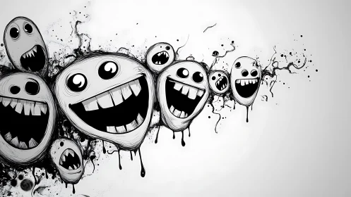 Monochrome ink surreal smiley swarm with splatter dynamics.