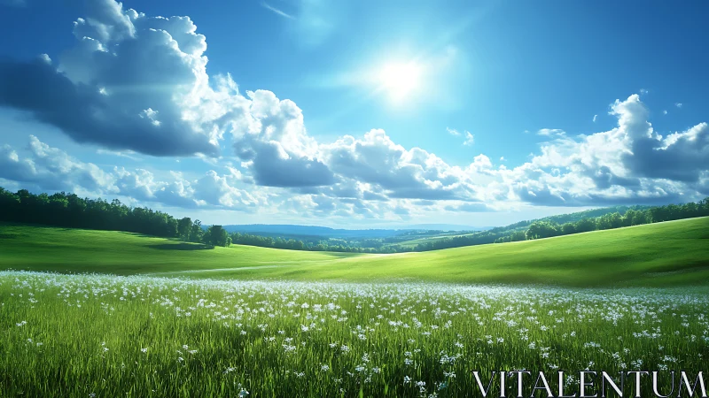 Sunlit wildflower meadows rolling beneath wandering clouds.