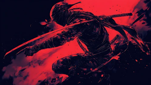 Silhouetted ninja lunges through crimson shadows in mid-strike