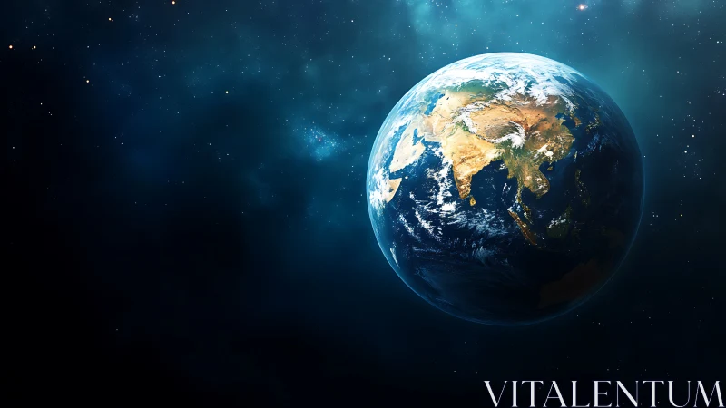 Our bright blue Earth quietly shines in the soft cosmic dark