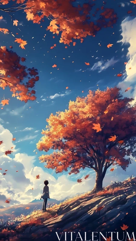 Solitary figure beneath windswept autumn maple canopy.