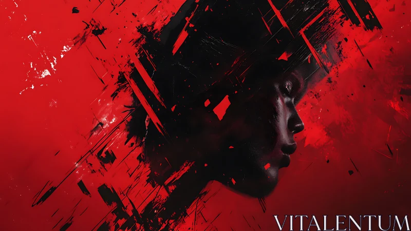 Shattered red portrait fuses human emotion with abstract chaos