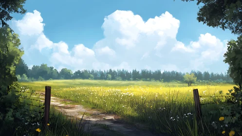 Sunny rural meadow with dirt path and distant tree line.