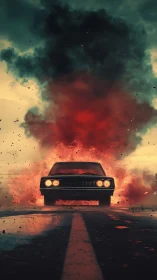Muscle car accelerates through cinematic explosion plume with debris