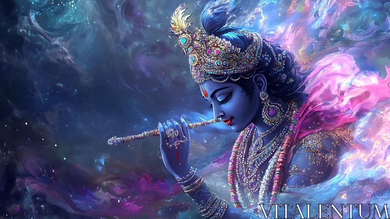 Starlit blue deity serenades the cosmos with jeweled flute