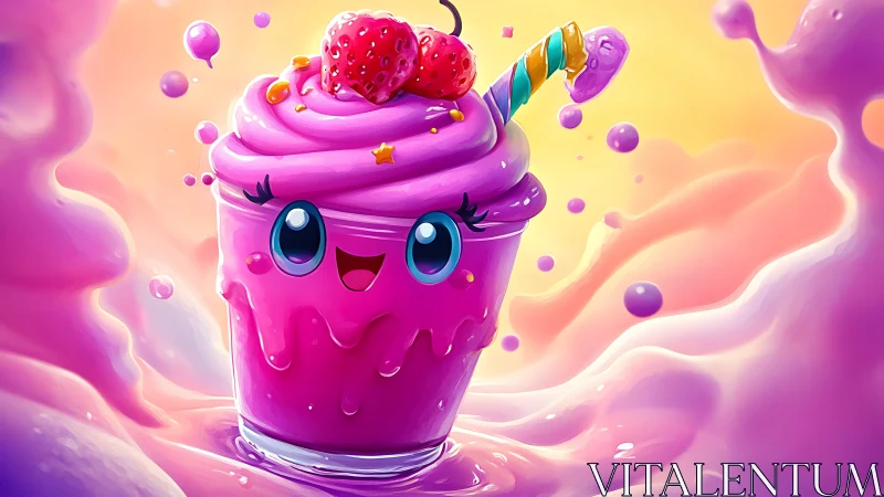 Stylized beverage cup with anthropomorphic features and layered confectionery topping.