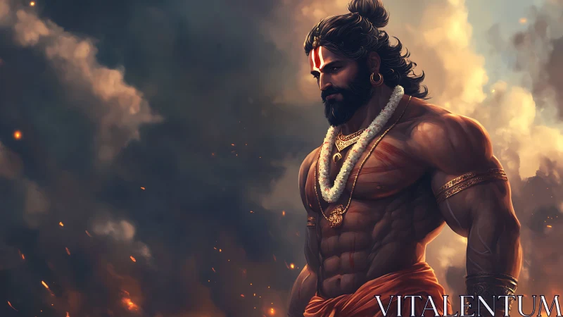 Mythic warrior saint strides through burning storm sky.