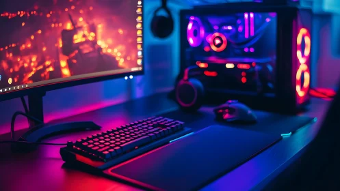 Neon gaming setup glows with colorful lights and cozy focus