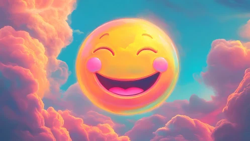 Luminous smiling emoji sun embedded in pastel volumetric clouds
