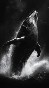 Humpback whale breaching in monochrome ocean scene.