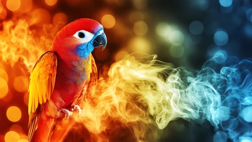 Vibrant parrot with fiery and cool smoke in digital art style.