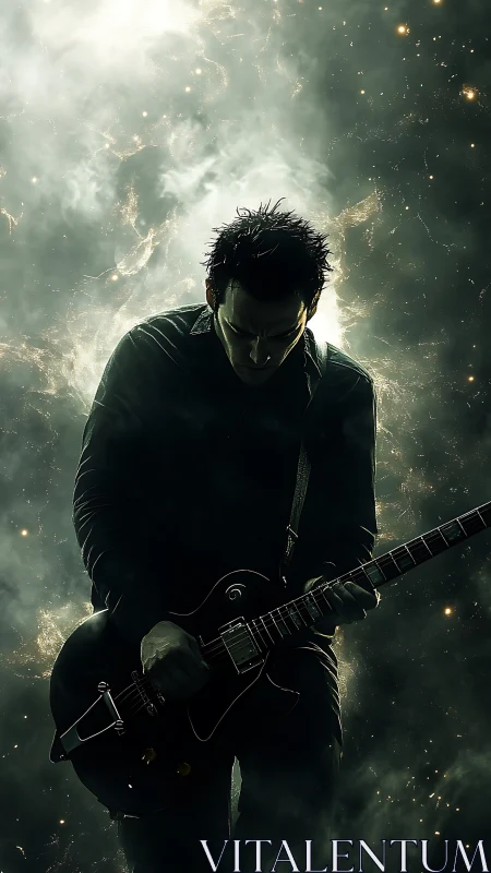 Silhouetted rock guitarist bends into cosmic stage light.
