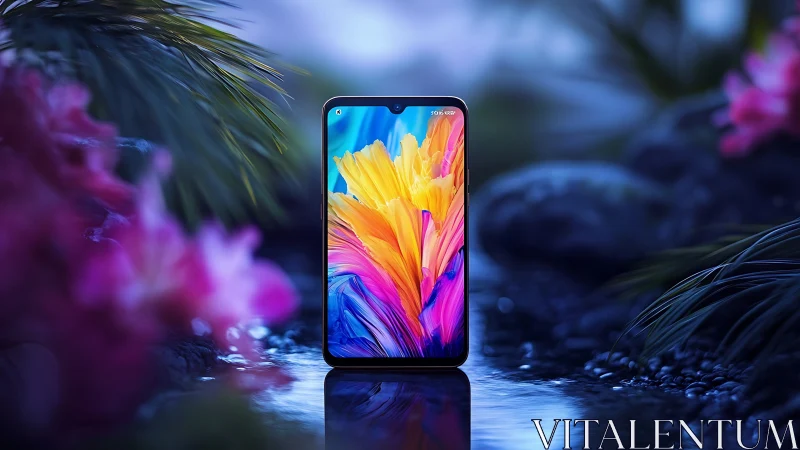 Smartphone with vivid display in moody nature scene.