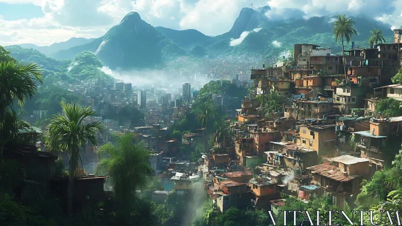 Hillside favela dreams against emerald mountains and misty skyline.