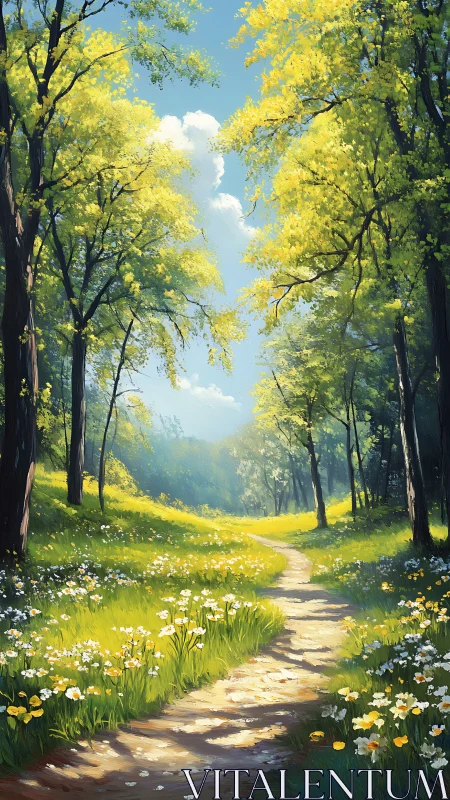 Sunlit Forest Path Through Yellow Trees and Wildflowers