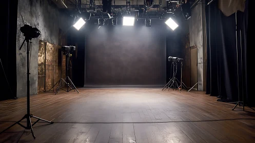 Cinematic portrait studio with rigged softbox lighting array.