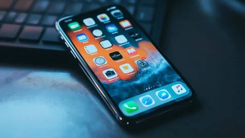 iPhone Home Screen Interface Displaying Layered iOS Application Icons with Ambient Desk Lighting