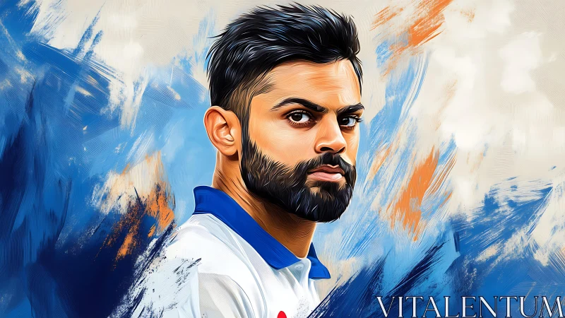 Focused cricket player portrait set in bold blue strokes
