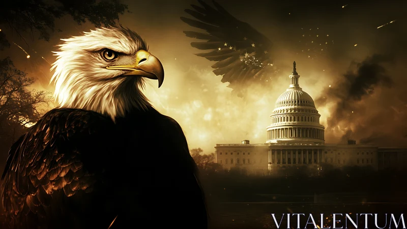 Bald eagle before neoclassical capitol under lit sky.