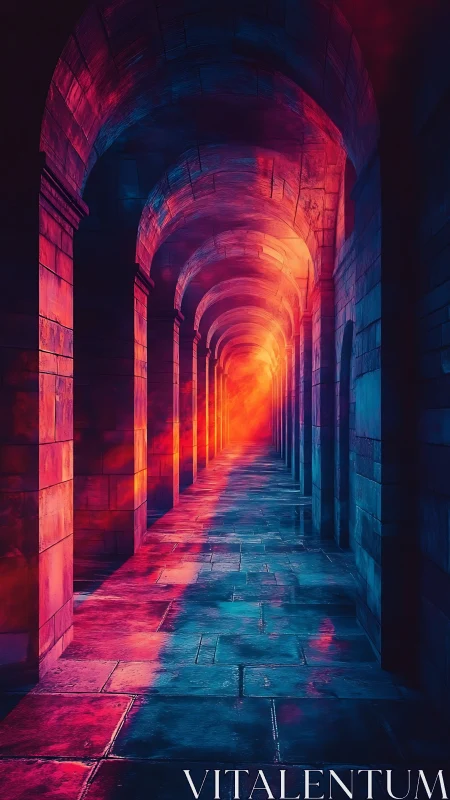 Glowing stone arcade bathed in dreamy sunset neon light.