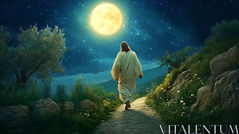 Moonlit robed figure walking a radiant stone path at night.