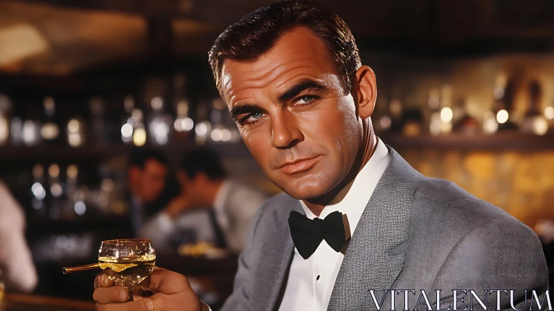 Man in gray suit with bow tie holding whiskey glass at bar
